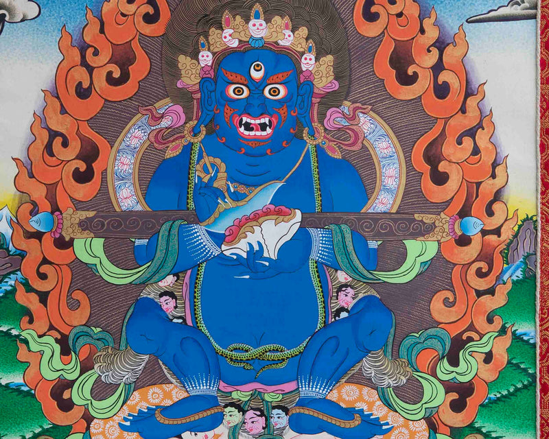 Sakya Mahakala Thangka with Dark Blue Brocade | Tibetan Wall Hanging Decor