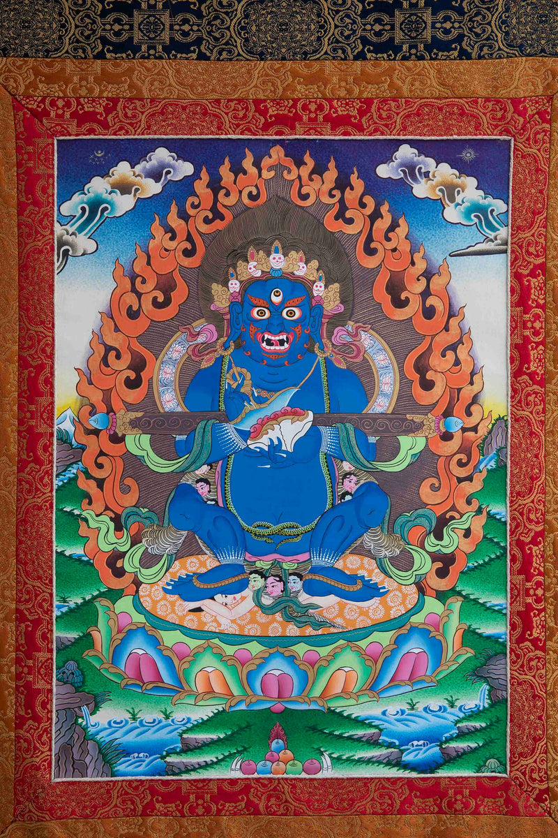 Sakya Mahakala Thangka with Dark Blue Brocade | Tibetan Wall Hanging Decor