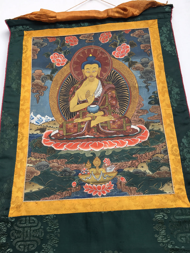 Old Blessing Buddha Thangka Painting with Brocade | Very Rare Tibetan Wall Hanging