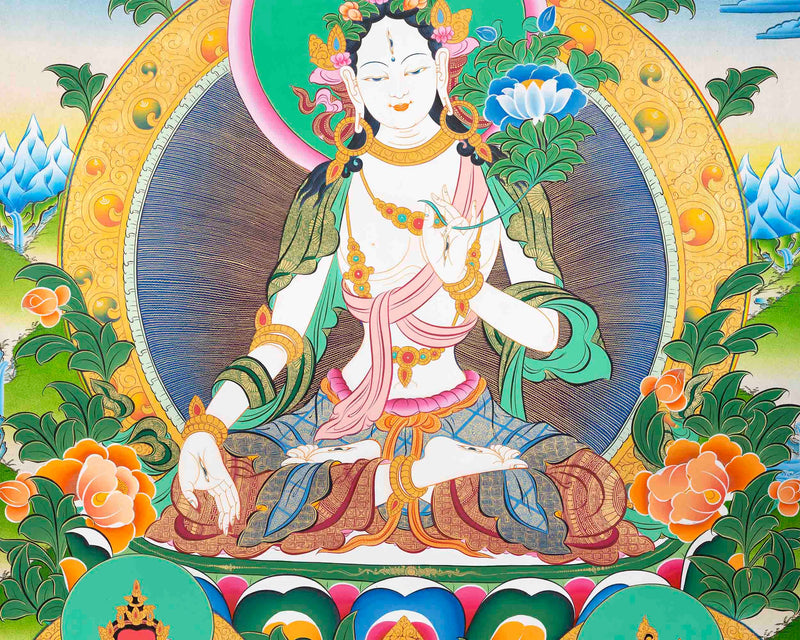 Beautifully Hand-Painted White Tara | Female Bodhisattva Thangka | Mother Goddess |