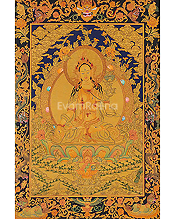 White Tara Thangka with Dragon Border | Original Hand-Painted Female Bodhisattva Art |