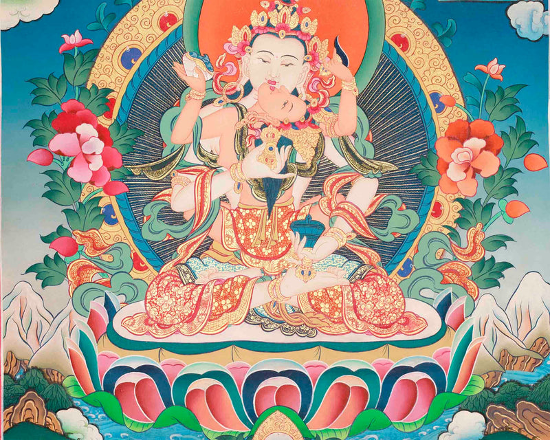 Vajrasattva Shakti Hand-Painted Thangka | A Union Of Wisdom and Compassion Yog