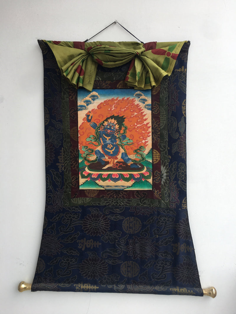 Vintage Vajrapani Thangka Painting With Traditional Silk Brocade | Vintage Thangka | Tibetan Wall Decor |