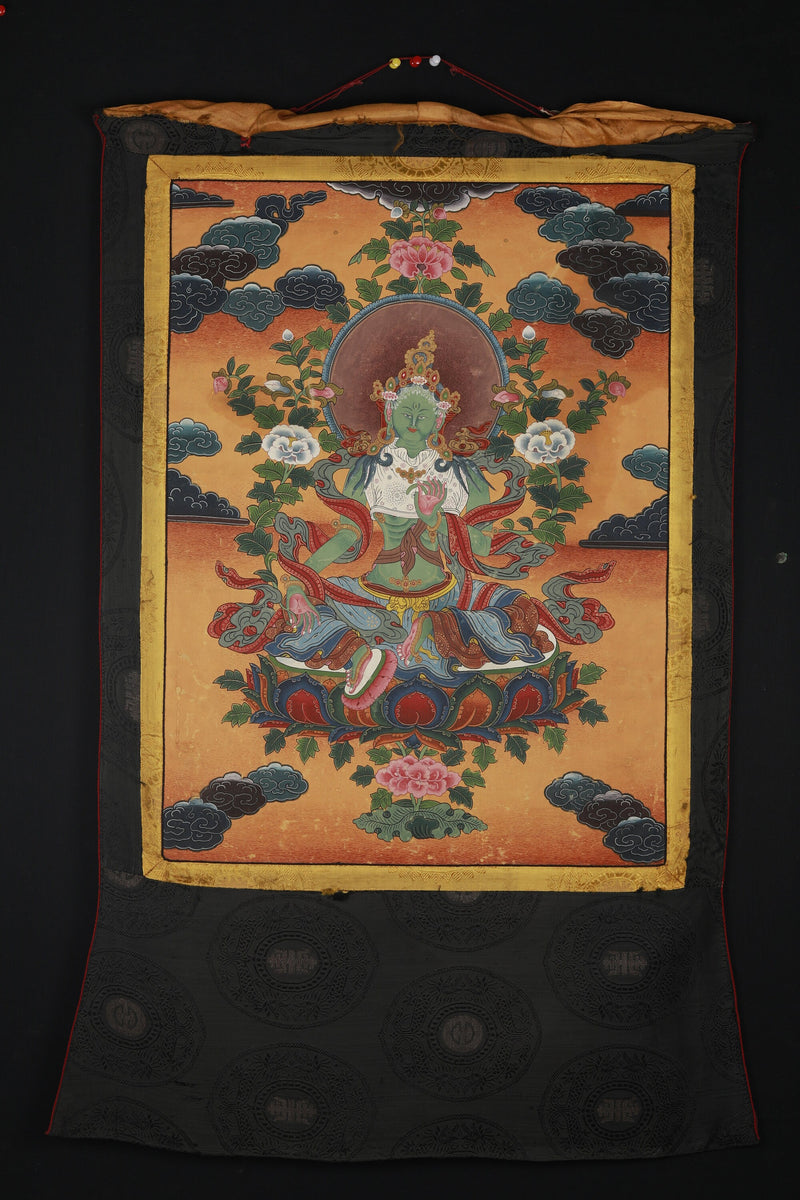 Vintage Green Tara Thangka with Brocade | Goddess of Compassion | Made in Nepal