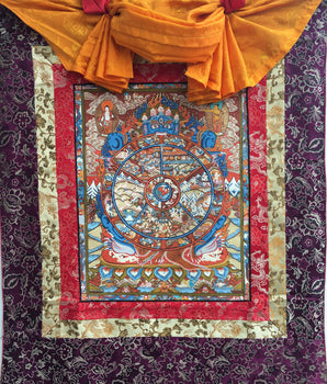 Original Hand-Painted Wheel of Life Thangka With Brocade | Samsara