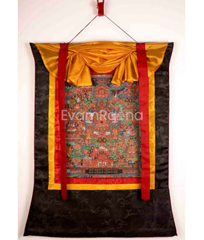 Hand-Painted Buddha Life Story Thangka with Brocade Frame | Tibetan Thangka Painting |