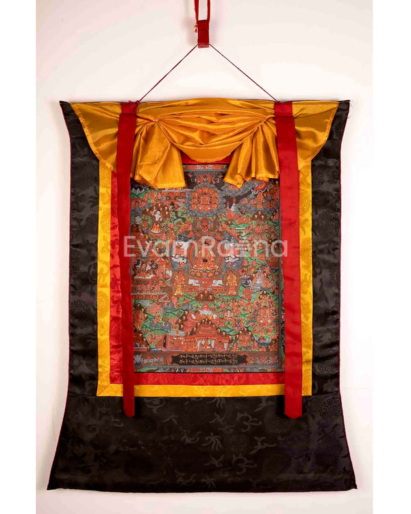 Hand-Painted Buddha Life Story Thangka with Brocade Frame | Tibetan Thangka Painting |