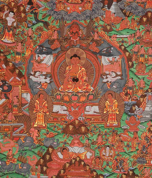 Hand-Painted Buddha Life Story Thangka with Brocade Frame | Tibetan Thangka Painting |