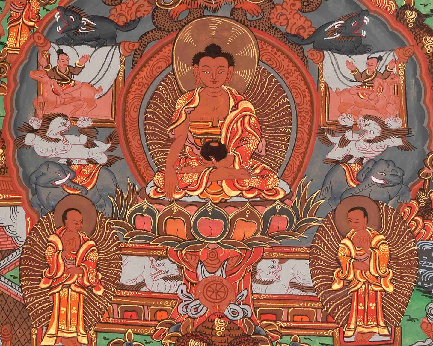 Hand-Painted Buddha Life Story Thangka with Brocade Frame | Tibetan Thangka Painting |