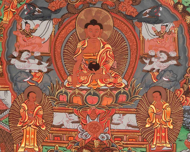 Hand-Painted Buddha Life Story Thangka with Brocade Frame | Tibetan Thangka Painting |