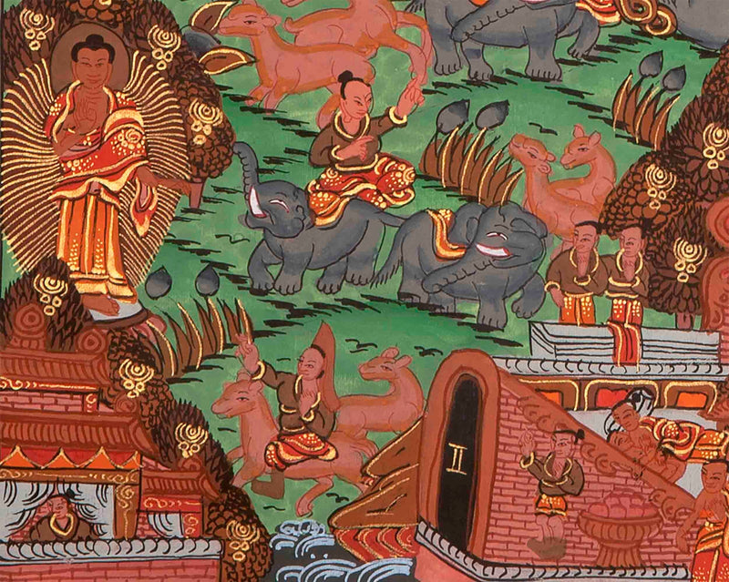 Hand-Painted Buddha Life Story Thangka with Brocade Frame | Tibetan Thangka Painting |