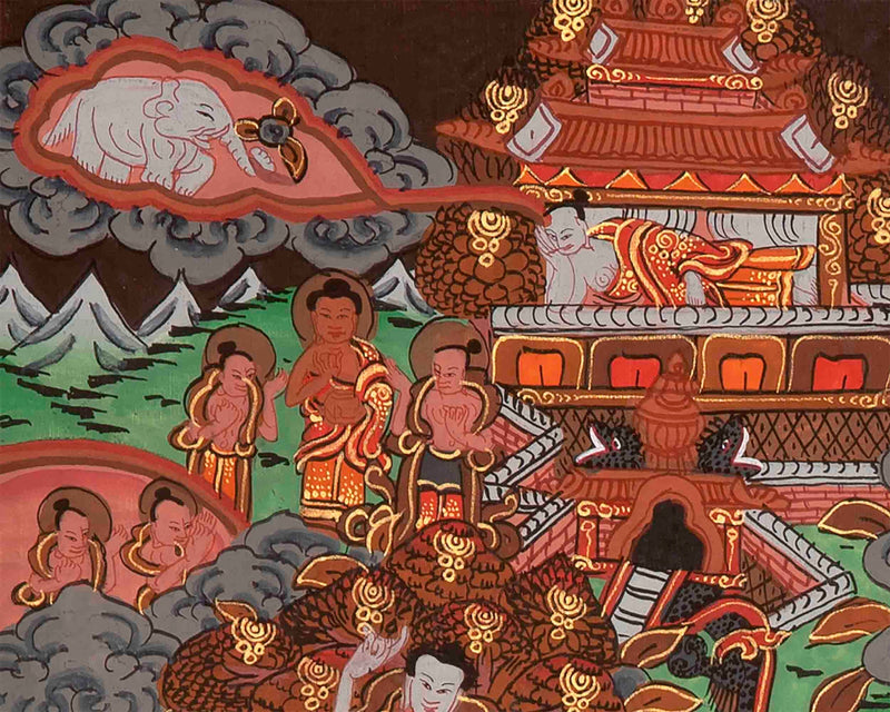 Hand-Painted Buddha Life Story Thangka with Brocade Frame | Tibetan Thangka Painting |