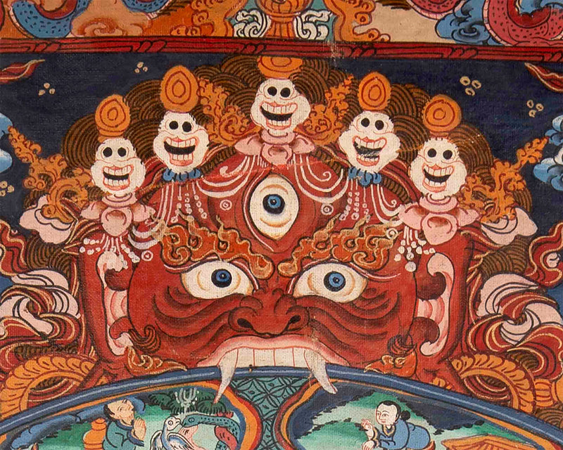 Oil Varnished Bhavachakra, Wheel of Life Mandala Thangka With Brocade | Thangka Painting