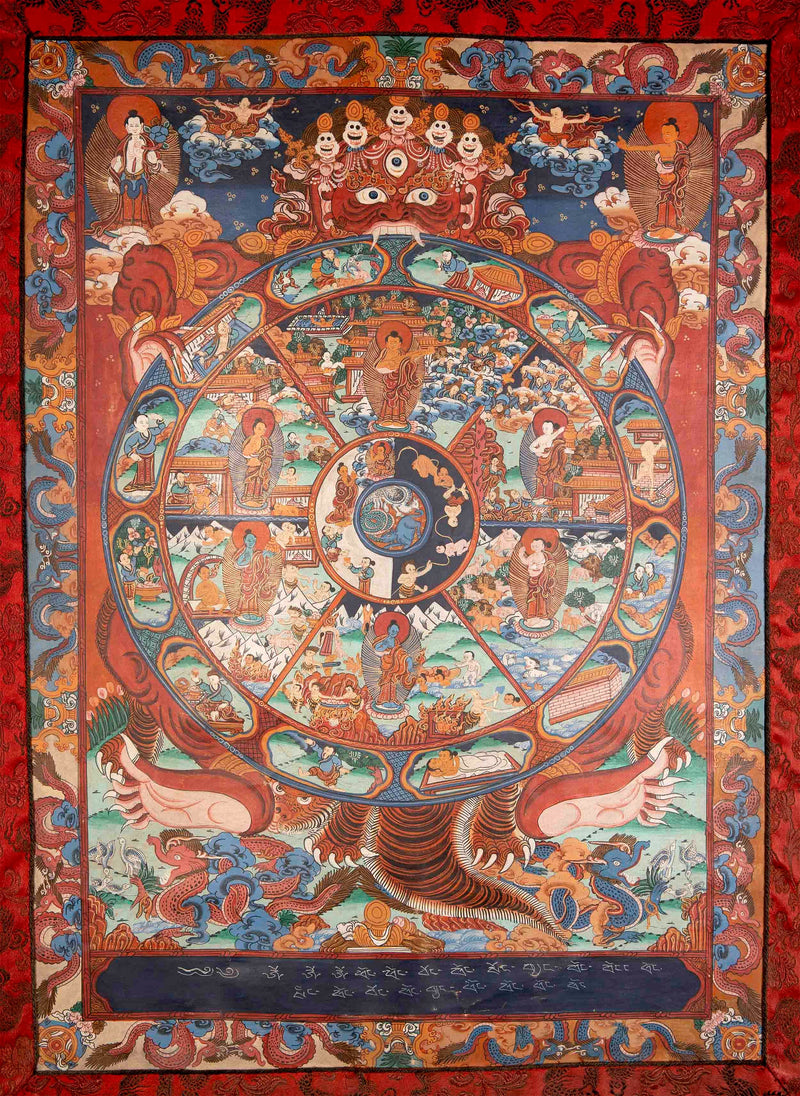 Oil Varnished Bhavachakra, Wheel of Life Mandala Thangka With Brocade | Thangka Painting