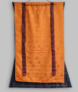 Shakyamuni Buddha Mandala Thangka With Blue Brocade | Avalokiteshvara on Top