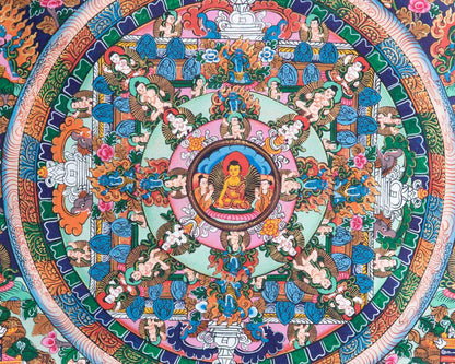 Shakyamuni Buddha Mandala Thangka With Blue Brocade | Avalokiteshvara on Top