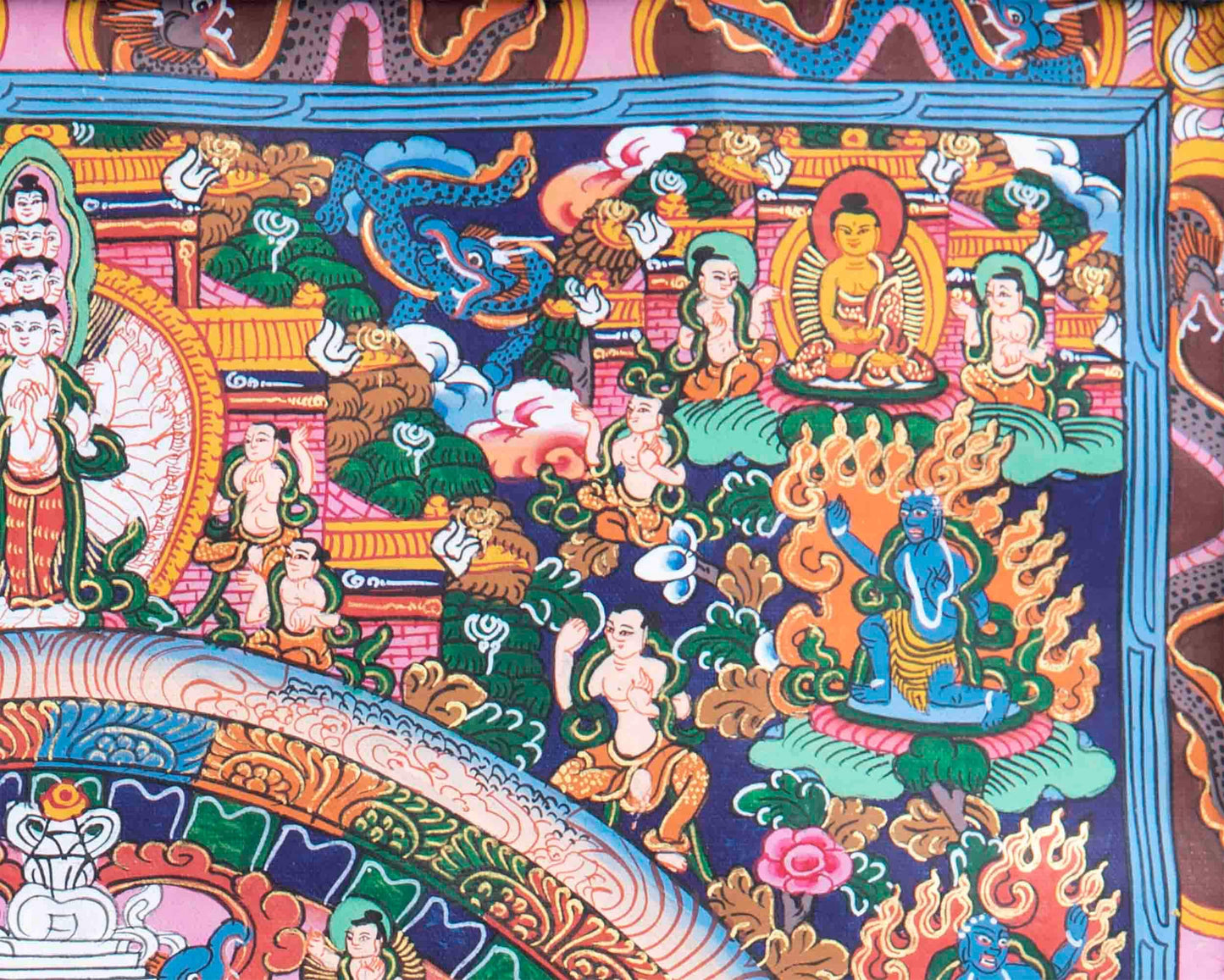 Shakyamuni Buddha Mandala Thangka With Blue Brocade | Avalokiteshvara on Top