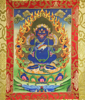 Sakya Mahakala Painting With Blue Brocade | Hand-Painted in Nepal