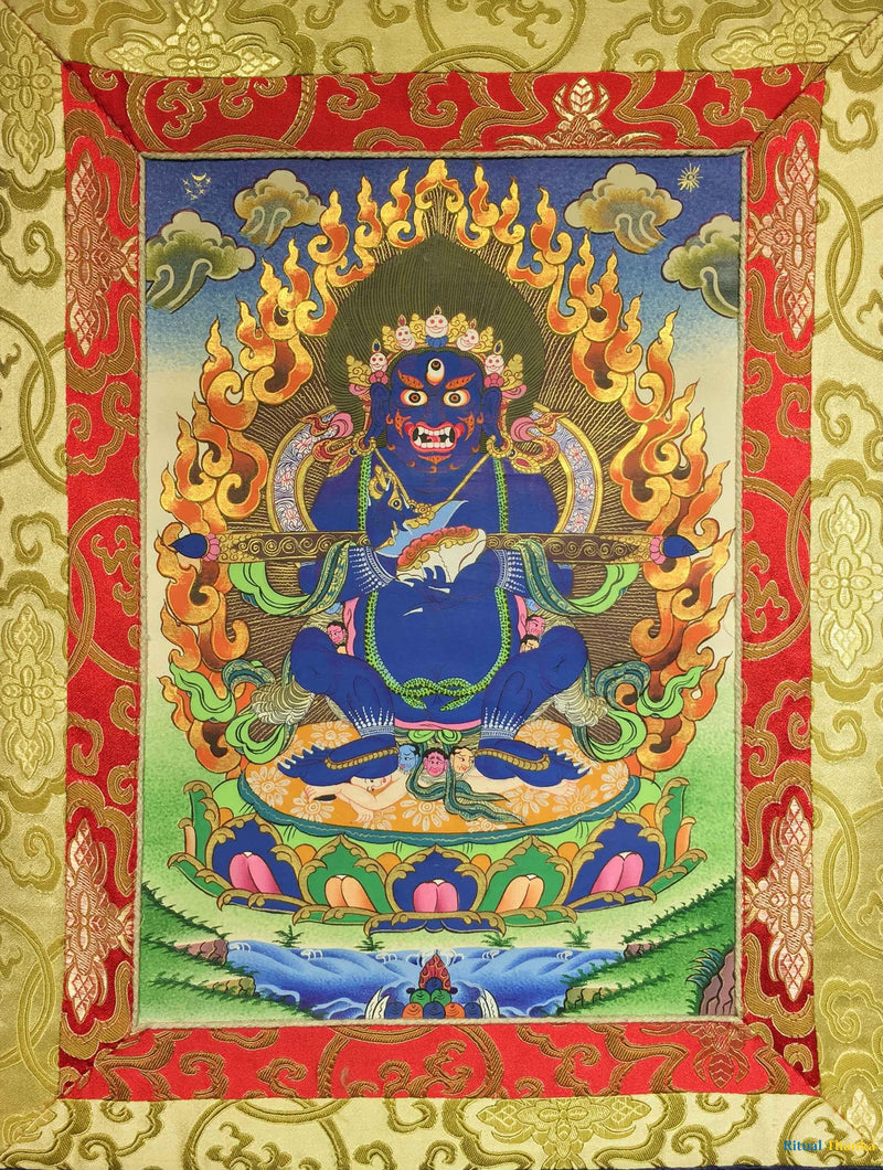 Sakya Mahakala Painting With Blue Brocade | Hand-Painted in Nepal