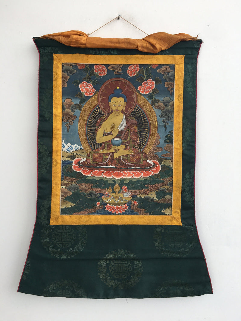 Old Blessing Buddha Thangka Painting with Brocade | Very Rare Tibetan Wall Hanging