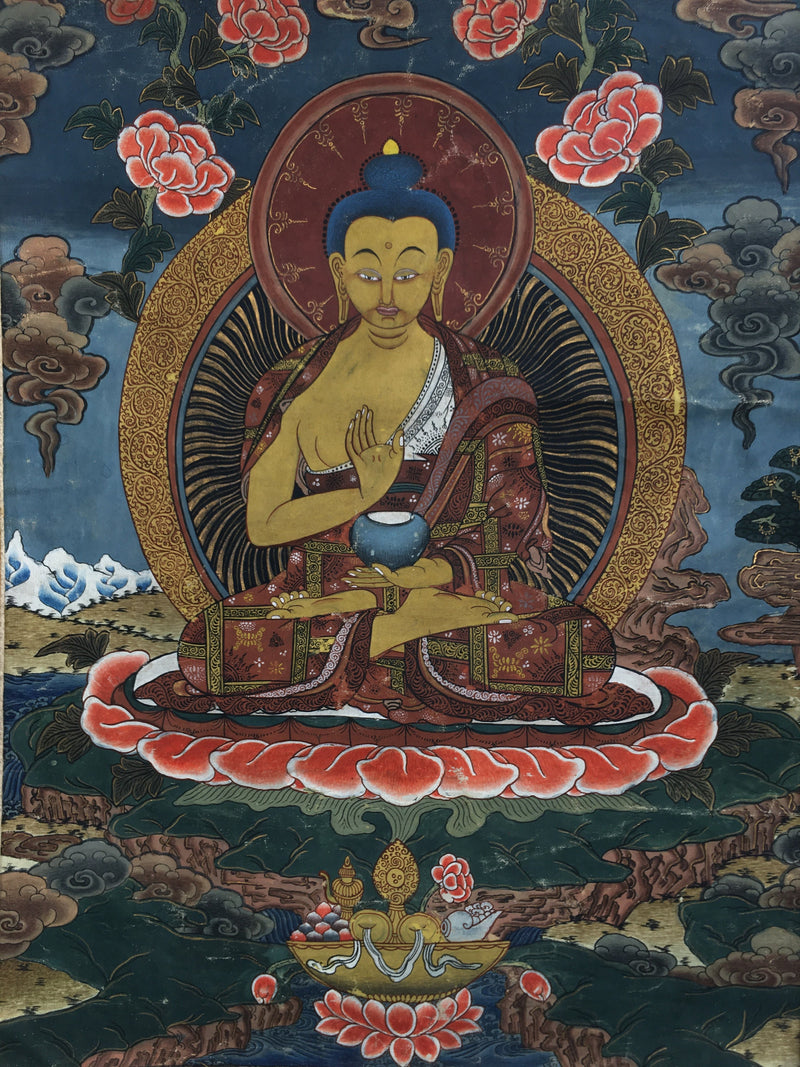 Old Blessing Buddha Thangka Painting with Brocade | Very Rare Tibetan Wall Hanging