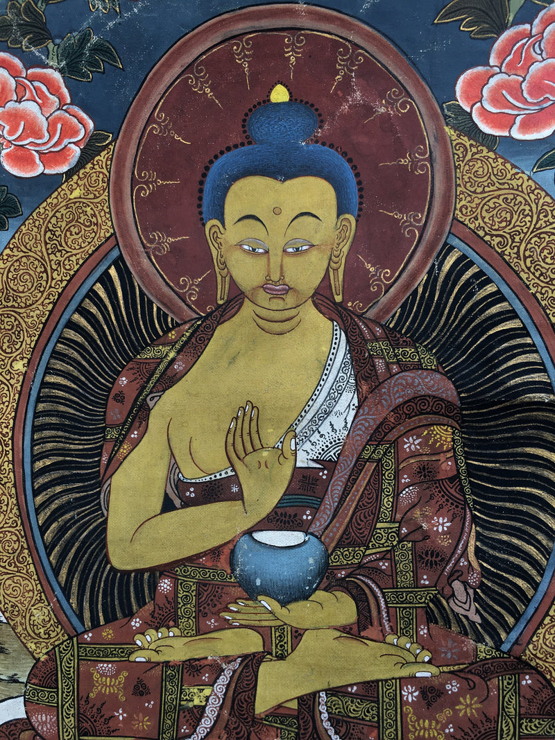 Old Blessing Buddha Thangka Painting with Brocade | Very Rare Tibetan Wall Hanging