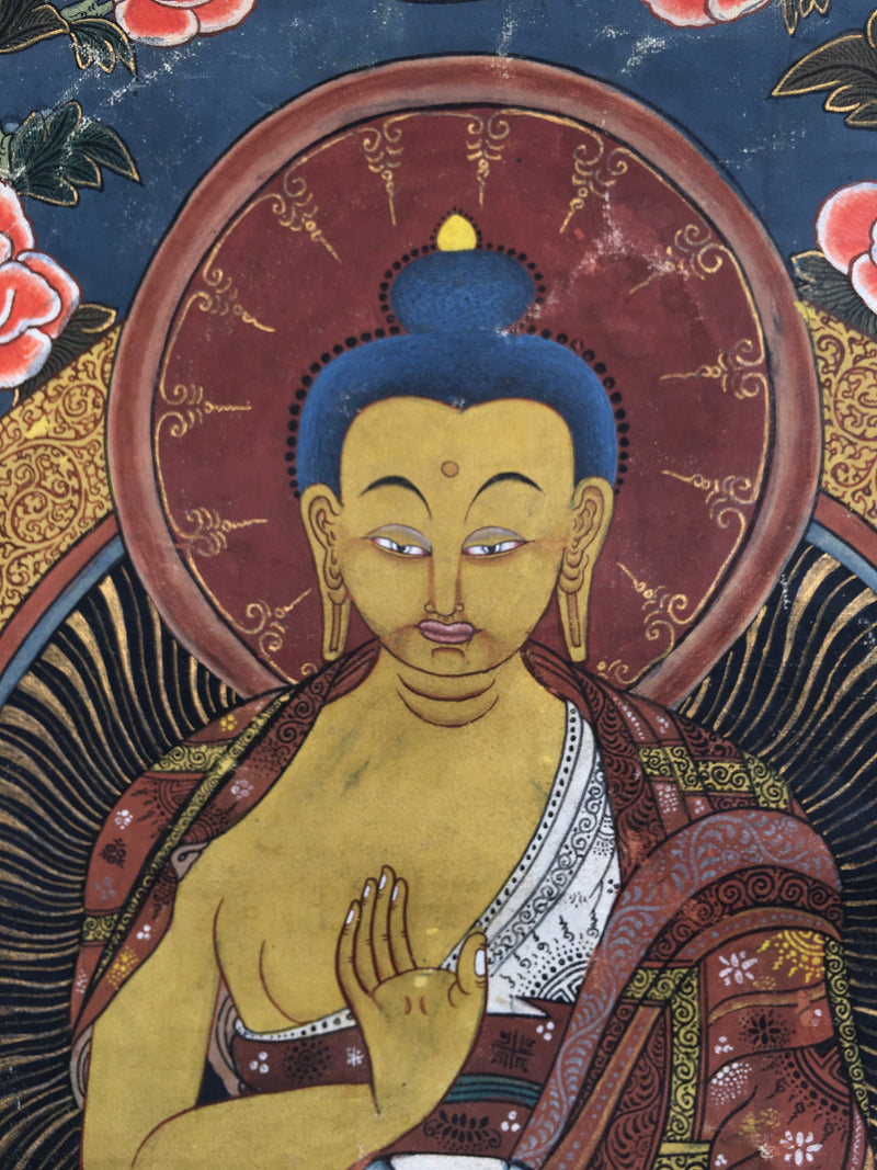 Old Blessing Buddha Thangka Painting with Brocade | Very Rare Tibetan Wall Hanging