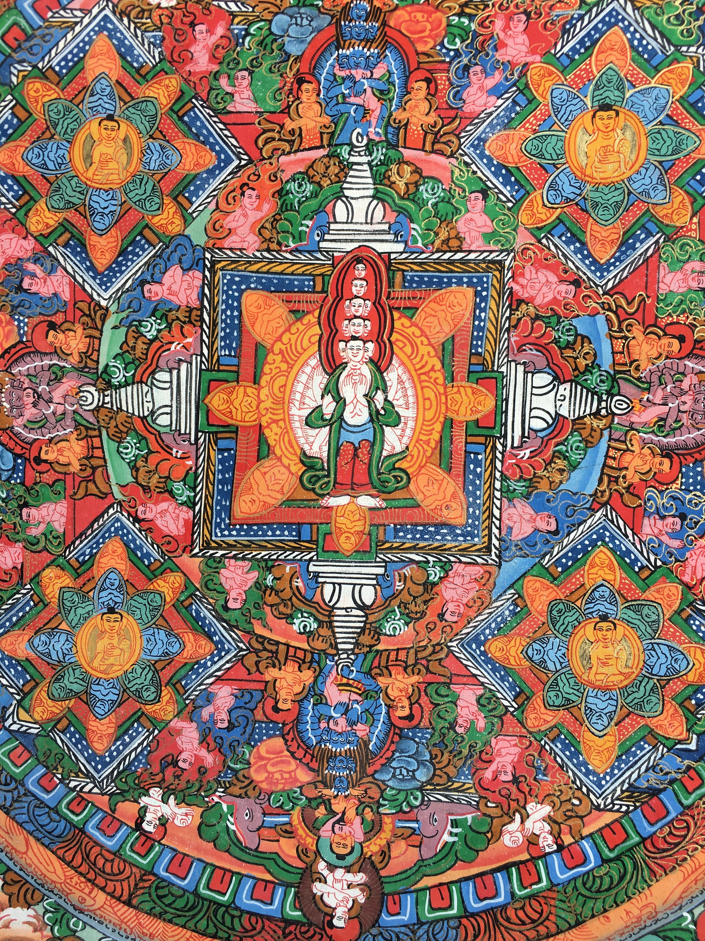 Avalokiteshvara Buddha Mandala Thangka with Brocade | Avalokiteshvara Mandala
