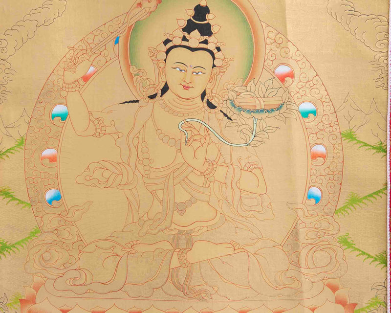 Full Gold Style Manjushri with Brocade | Bodhisattva Thangka Painting