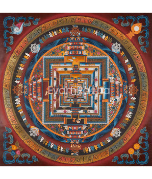 Original Hand Painted Fine Quality Kalchakra Mandala Thangka | Orange Colored Tibetan Buddhist Wheel Of Time Mandala
