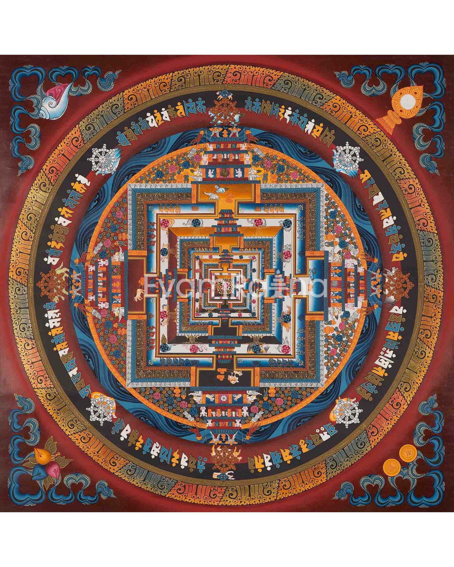 Original Hand Painted Fine Quality Kalchakra Mandala Thangka | Orange Colored Tibetan Buddhist Wheel Of Time Mandala