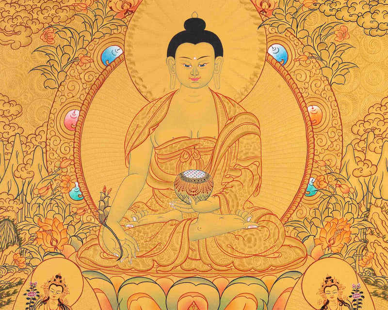 Gold Painted Medicine or Blue Buddha | Original Hand-Painted Bhaisajyaguru Thangka