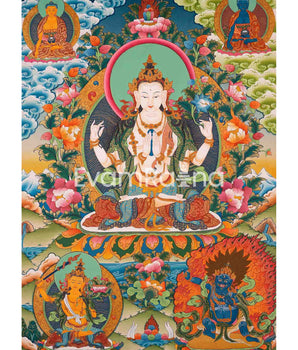 Avalokitesvara Chengrezig Thangka Flanked By Other Bodhisattva | Wall Decoration Painting |