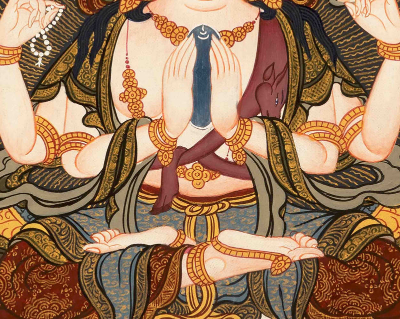 Amitabha Buddha and Chengrezig Thangka Painting | Tibetan Buddhist Wall Hanging Art for Peace |