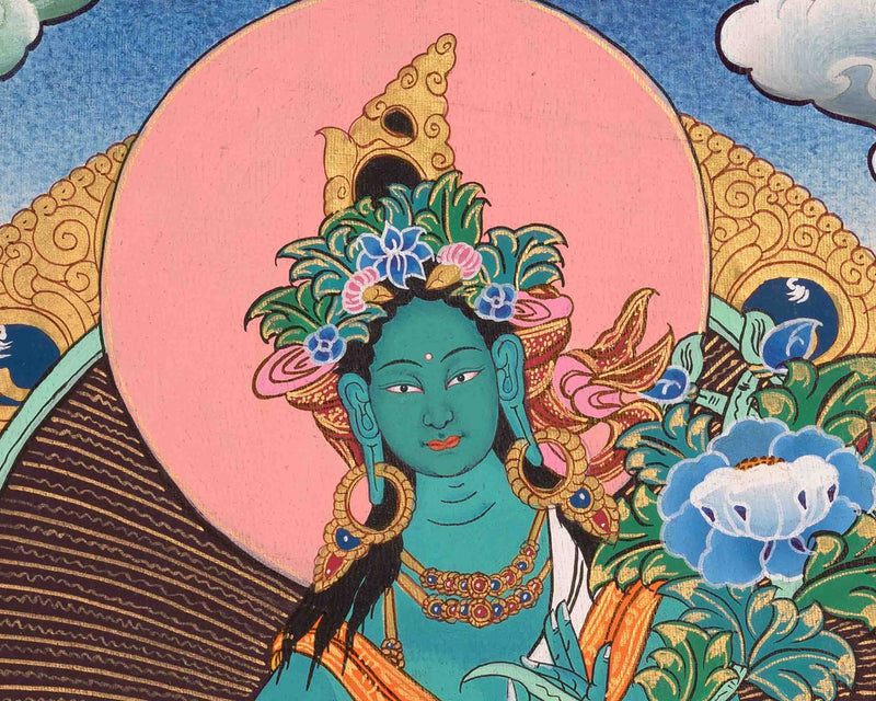 Original Hand-Painted Green Tara Thangka | Tibetan Female Bodhisattva Painting