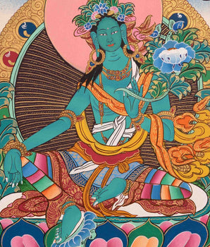 Original Hand-Painted Green Tara Thangka | Tibetan Female Bodhisattva Painting