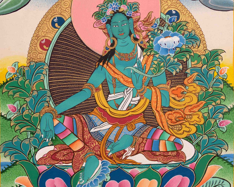 Original Hand-Painted Green Tara Thangka | Tibetan Female Bodhisattva Painting