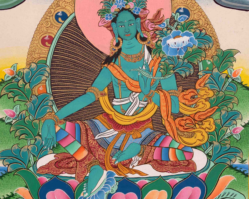 Original Hand-Painted Green Tara Thangka | Tibetan Female Bodhisattva Painting