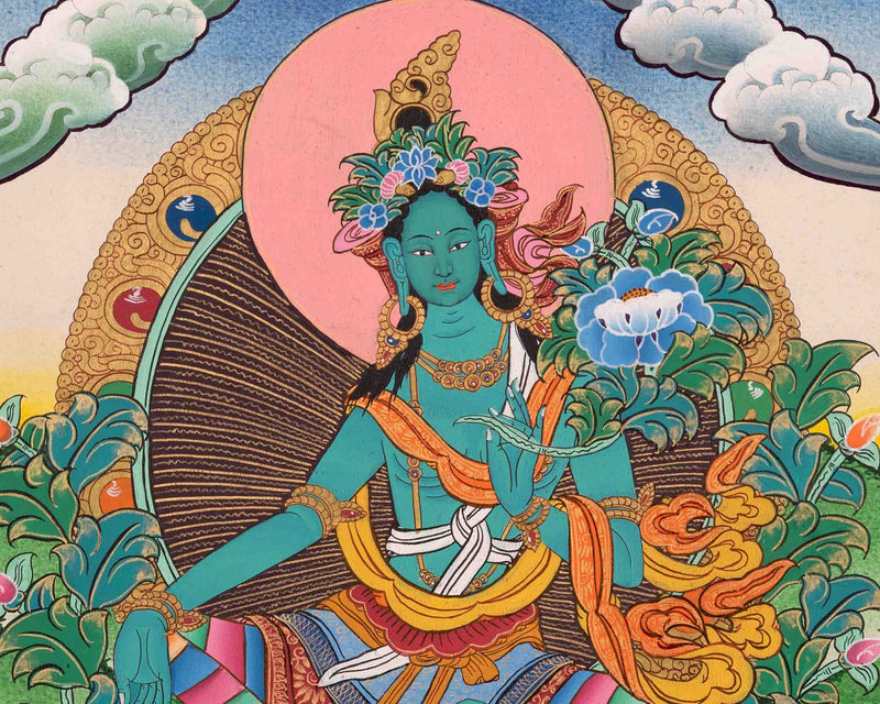 Original Hand-Painted Green Tara Thangka | Tibetan Female Bodhisattva Painting