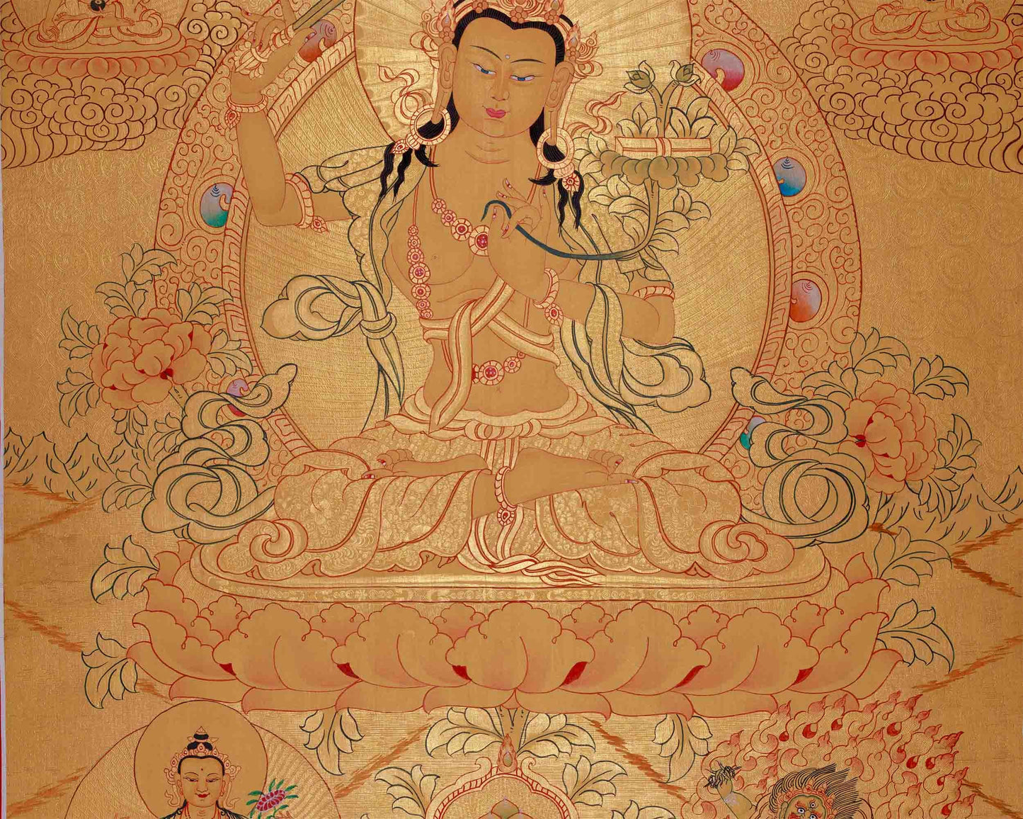 Gold Style Manjushri Thangka with Buddhas & Bodhisattvas | Original Tibetan Thangka