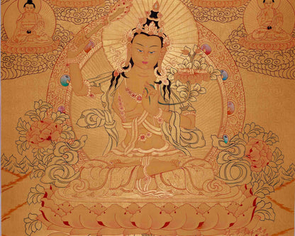 Gold Style Manjushri Thangka with Buddhas & Bodhisattvas | Original Tibetan Thangka