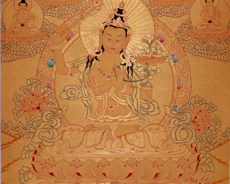 Gold Style Manjushri Thangka with Buddhas & Bodhisattvas | Original Tibetan Thangka