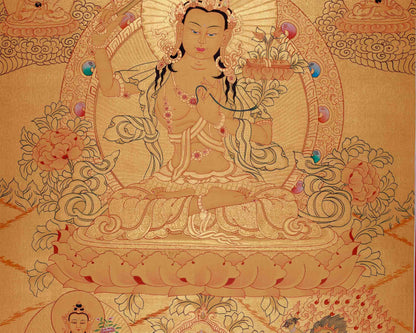 Gold Style Manjushri Thangka with Buddhas & Bodhisattvas | Original Tibetan Thangka