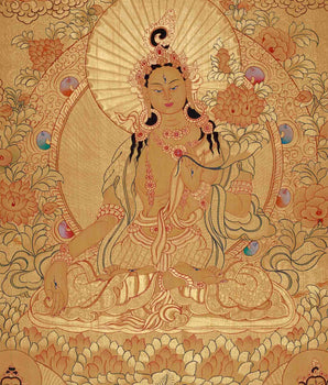 Gold Style White Tara Flanked with other Bodhisattva | Tibetan Buddhism Thangka