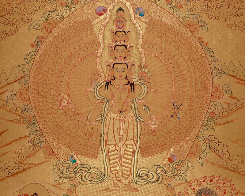 Gold Style Lokeshvara Thangka | 1000 Armed Chenresig Avalokiteshvara Painting