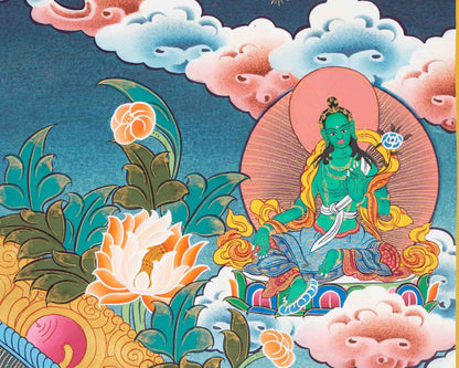 1000 Armed Lokeshvara Thangka with White Tara, Amitabha, Manjushri, and Vajrapani