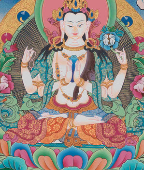 Four Armed Chengrezig Thangka | Original Hand-Painted Bodhisattva Artwork