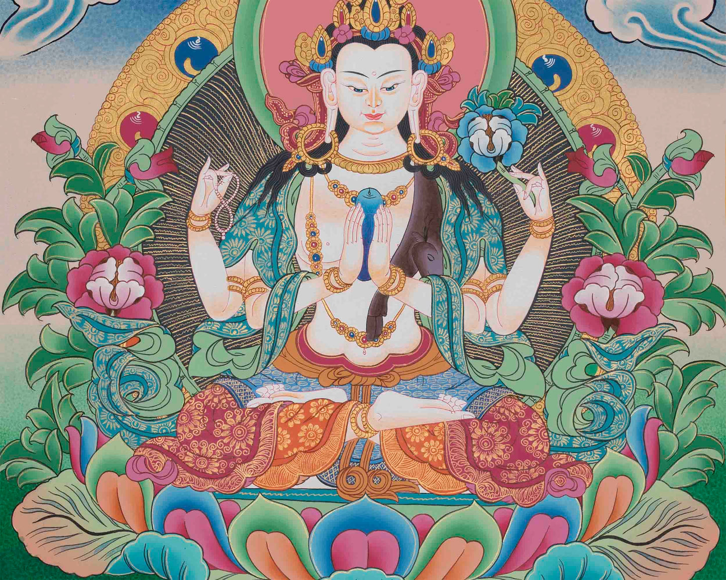 Four Armed Chengrezig Thangka | Original Hand-Painted Bodhisattva Artwork