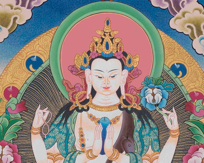 Four Armed Chengrezig Thangka | Original Hand-Painted Bodhisattva Artwork