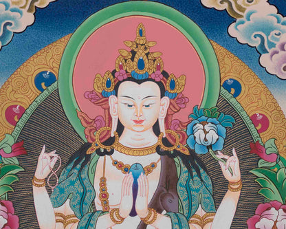 Four Armed Chengrezig Thangka | Original Hand-Painted Bodhisattva Artwork